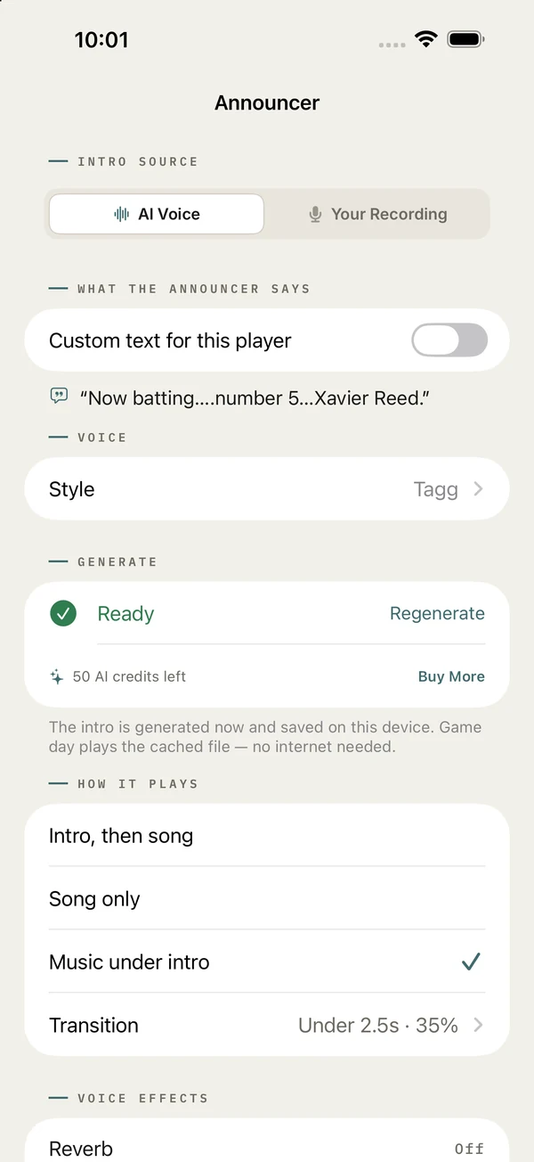 The Announcer screen: AI voice selection, intro script, and playback options