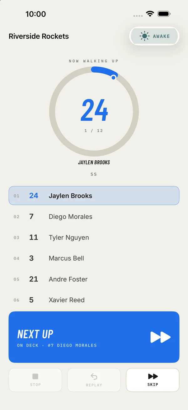 Walkout Song Pro game-day screen: the full batting order with the current batter highlighted and a Next Up button
