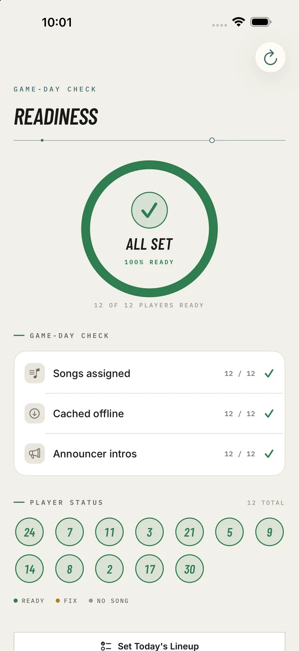The Game-Day Check screen showing a readiness ring and per-player status